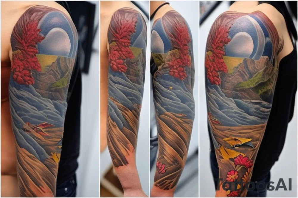 Create a unique sleeve tattoo design that reflects my diverse interests and experiences. Incorporate elements of my Spanish heritage and South African residence, along with my love for mountains and ocean animals from scuba diving. Include symbols of travel and meeting new people, as well as the importance of trust and loyalty in my relationships. The tattoo should also represent my personal growth and commitment to being a better person, despite past hurts and mistakes tattoo idea