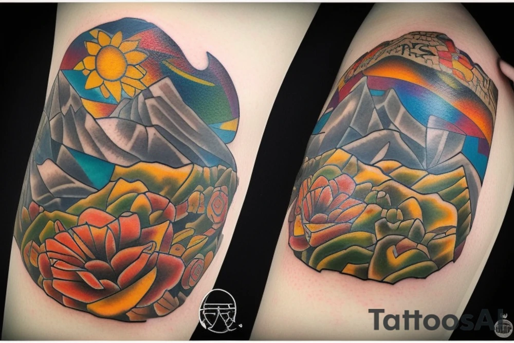 Create a unique sleeve tattoo design that reflects my diverse interests and experiences. Incorporate elements of my Spanish heritage and South African residence, along with my love for mountains and ocean animals from scuba diving. Include symbols of travel and meeting new people, as well as the importance of trust and loyalty in my relationships. The tattoo should also represent my personal growth and commitment to being a better person, despite past hurts and mistakes tattoo idea