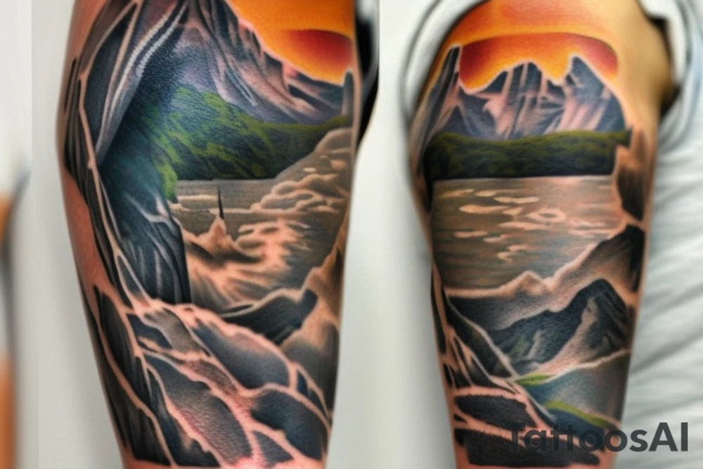 Create a unique sleeve tattoo design that reflects my diverse interests and experiences. Incorporate elements of my Spanish heritage and South African residence, along with my love for mountains and ocean animals from scuba diving. Include symbols of travel and meeting new people, as well as the importance of trust and loyalty in my relationships. The tattoo should also represent my personal growth and commitment to being a better person, despite past hurts and mistakes tattoo idea
