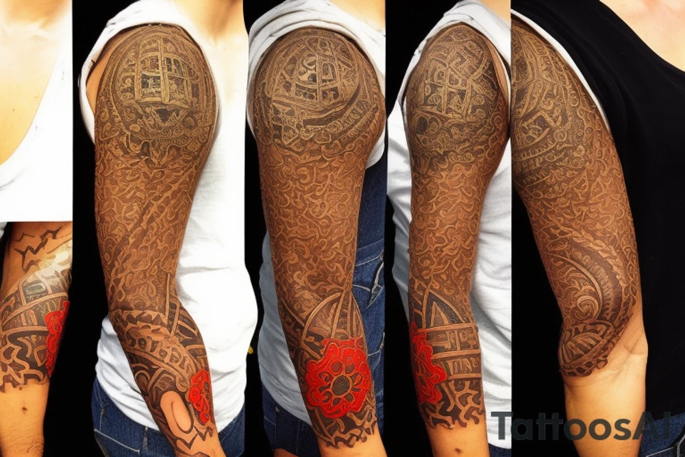 Create a unique sleeve tattoo design that reflects my diverse interests and experiences. Incorporate elements of my Spanish heritage and South African residence, along with my love for mountains and ocean animals from scuba diving. Include symbols of travel and meeting new people, as well as the importance of trust and loyalty in my relationships. The tattoo should also represent my personal growth and commitment to being a better person, despite past hurts and mistakes tattoo idea