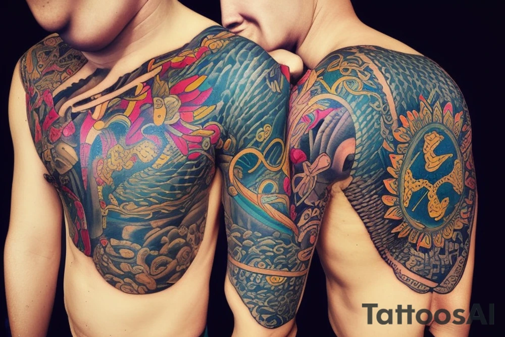 Create a unique sleeve tattoo design that reflects my diverse interests and experiences. Incorporate elements of my Spanish heritage and South African residence, along with my love for mountains and ocean animals from scuba diving. Include symbols of travel and meeting new people, as well as the importance of trust and loyalty in my relationships. The tattoo should also represent my personal growth and commitment to being a better person, despite past hurts and mistakes tattoo idea