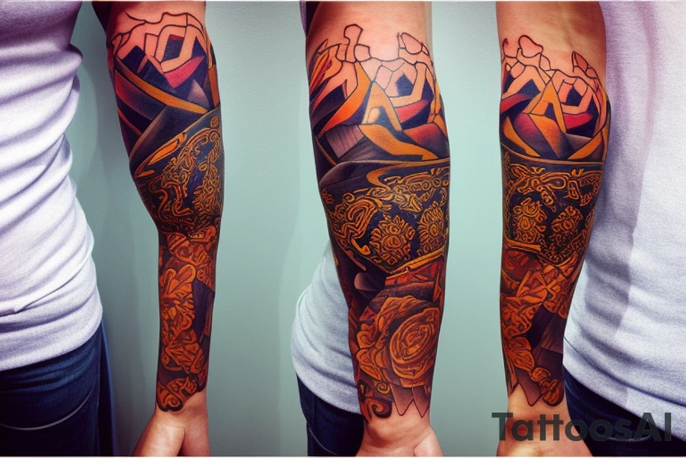 Create a unique sleeve tattoo design that reflects my diverse interests and experiences. Incorporate elements of my Spanish heritage and South African residence, along with my love for mountains and ocean animals from scuba diving. Include symbols of travel and meeting new people, as well as the importance of trust and loyalty in my relationships. The tattoo should also represent my personal growth and commitment to being a better person, despite past hurts and mistakes tattoo idea