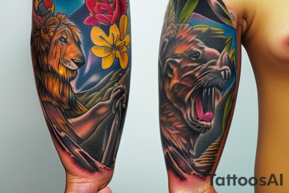 Create a unique sleeve tattoo design that reflects my diverse interests and experiences. Incorporate elements of my Spanish heritage and South African residence, along with my love for mountains and ocean animals from scuba diving. Include symbols of travel and meeting new people, as well as the importance of trust and loyalty in my relationships. The tattoo should also represent my personal growth and commitment to being a better person, despite past hurts and mistakes tattoo idea