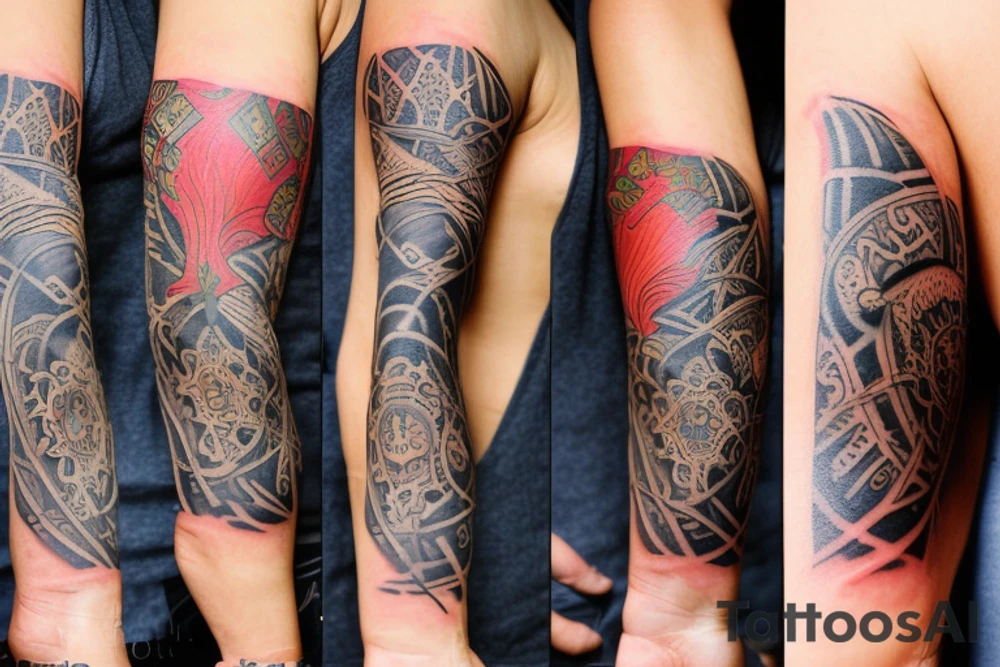 Create a unique sleeve tattoo design that reflects my diverse interests and experiences. Incorporate elements of my Spanish heritage and South African residence, along with my love for mountains and ocean animals from scuba diving. Include symbols of travel and meeting new people, as well as the importance of trust and loyalty in my relationships. The tattoo should also represent my personal growth and commitment to being a better person, despite past hurts and mistakes tattoo idea
