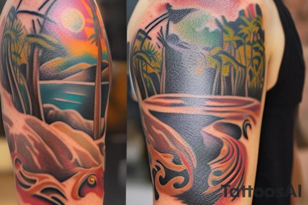 Create a unique sleeve tattoo design that reflects my diverse interests and experiences. Incorporate elements of my Spanish heritage and South African residence, along with my love for mountains and ocean animals from scuba diving. Include symbols of travel and meeting new people, as well as the importance of trust and loyalty in my relationships. The tattoo should also represent my personal growth and commitment to being a better person, despite past hurts and mistakes tattoo idea