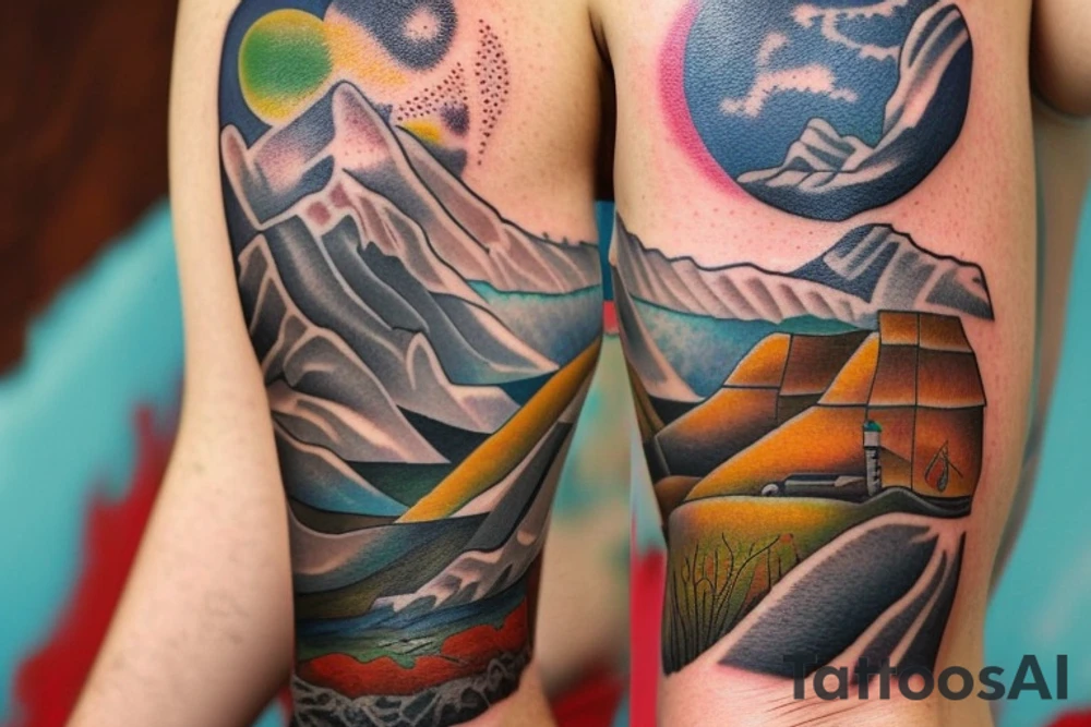 Create a unique sleeve tattoo design that reflects my diverse interests and experiences. Incorporate elements of my Spanish heritage and South African residence, along with my love for mountains and ocean animals from scuba diving. Include symbols of travel and meeting new people, as well as the importance of trust and loyalty in my relationships. The tattoo should also represent my personal growth and commitment to being a better person, despite past hurts and mistakes tattoo idea