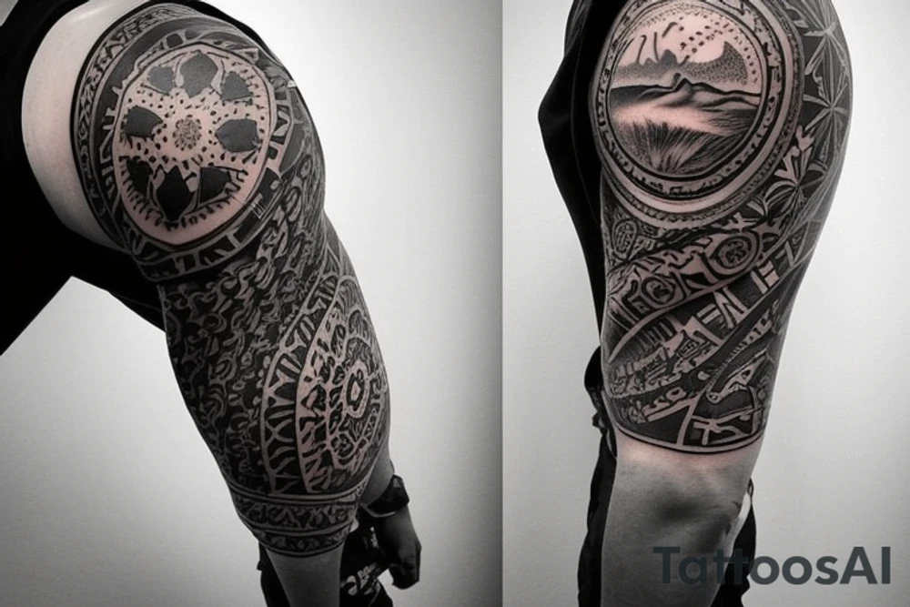 Create a unique sleeve tattoo design that reflects my diverse interests and experiences. Incorporate elements of my Spanish heritage and South African residence, along with my love for mountains and ocean animals from scuba diving. Include symbols of travel and meeting new people, as well as the importance of trust and loyalty in my relationships. The tattoo should also represent my personal growth and commitment to being a better person, despite past hurts and mistakes tattoo idea