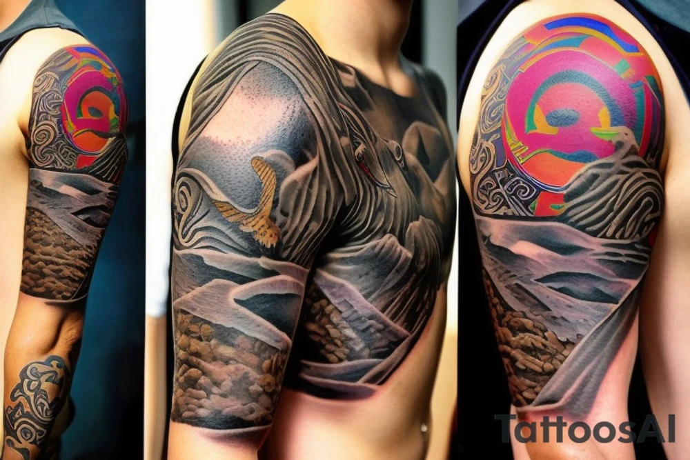 Create a unique sleeve tattoo design that reflects my diverse interests and experiences. Incorporate elements of my Spanish heritage and South African residence, along with my love for mountains and ocean animals from scuba diving. Include symbols of travel and meeting new people, as well as the importance of trust and loyalty in my relationships. The tattoo should also represent my personal growth and commitment to being a better person, despite past hurts and mistakes tattoo idea