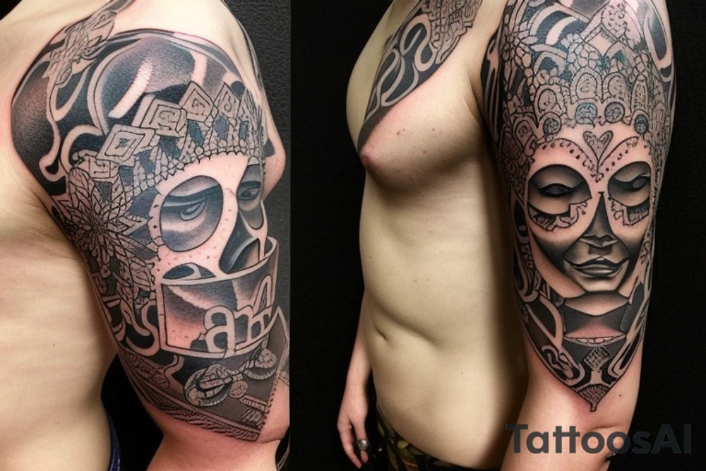 Create a unique sleeve tattoo design that reflects my diverse interests and experiences. Incorporate elements of my Spanish heritage and South African residence, along with my love for mountains and ocean animals from scuba diving. Include symbols of travel and meeting new people, as well as the importance of trust and loyalty in my relationships. The tattoo should also represent my personal growth and commitment to being a better person, despite past hurts and mistakes tattoo idea