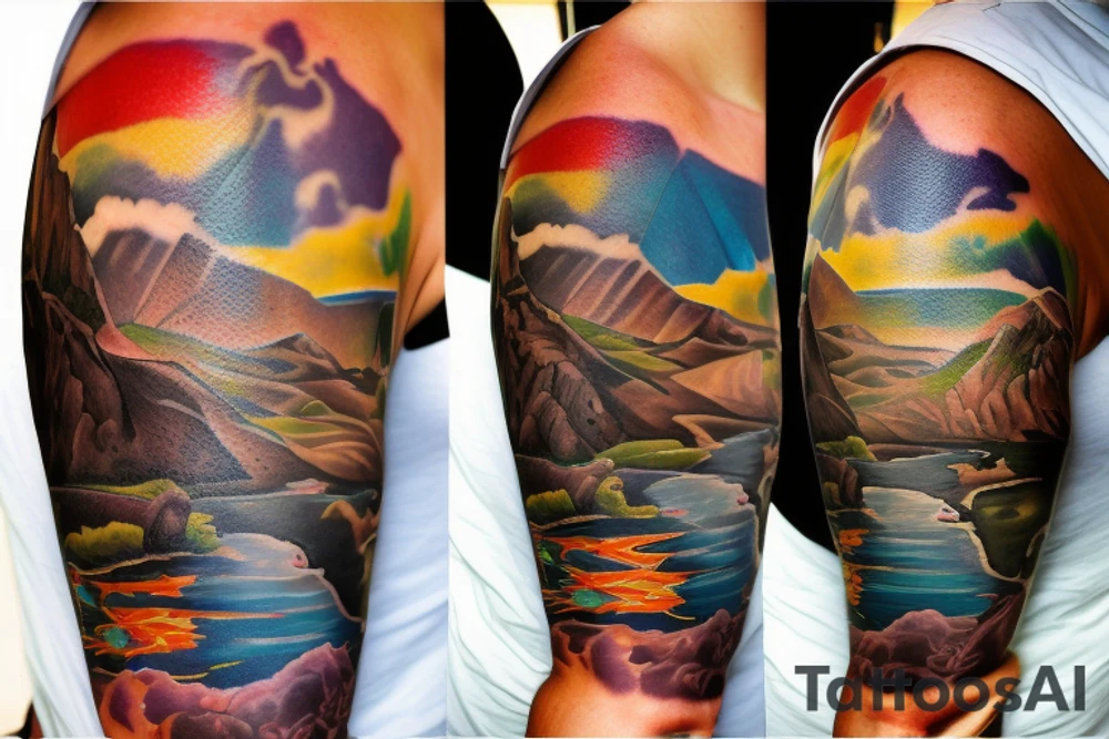 Create a unique sleeve tattoo design that reflects my diverse interests and experiences. Incorporate elements of my Spanish heritage and South African residence, along with my love for mountains and ocean animals from scuba diving. Include symbols of travel and meeting new people, as well as the importance of trust and loyalty in my relationships. The tattoo should also represent my personal growth and commitment to being a better person, despite past hurts and mistakes tattoo idea
