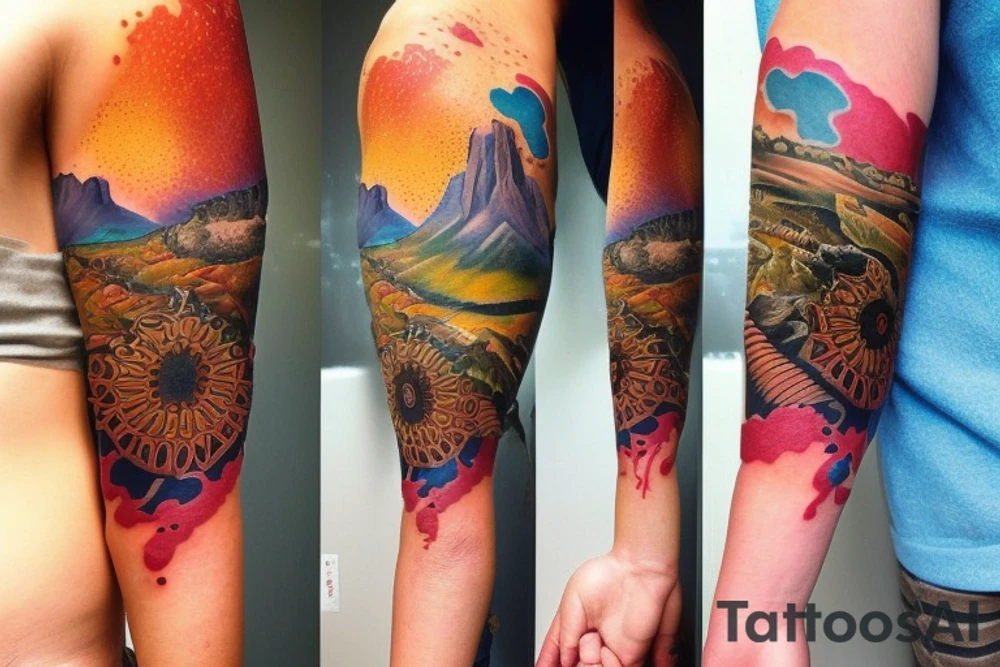 Create a unique sleeve tattoo design that reflects my diverse interests and experiences. Incorporate elements of my Spanish heritage and South African residence, along with my love for mountains and ocean animals from scuba diving. Include symbols of travel and meeting new people, as well as the importance of trust and loyalty in my relationships. The tattoo should also represent my personal growth and commitment to being a better person, despite past hurts and mistakes tattoo idea