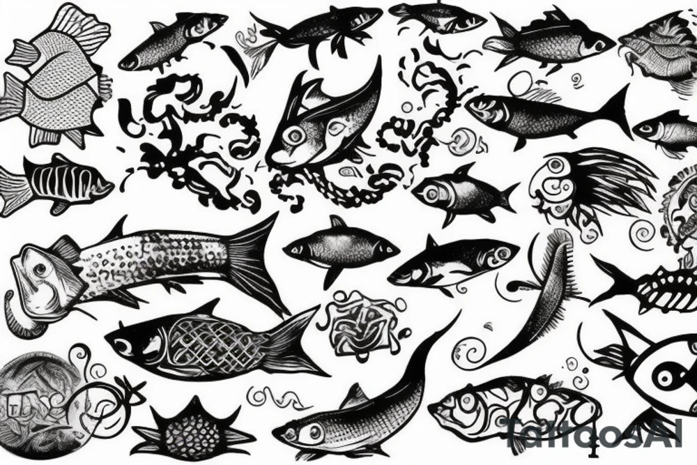 three sixes conceded to each other with small fishes around it the sign of Pisces and these numbers hide inside of it in a row 1958- 1968 - 1992- 1997- 2002 tattoo idea