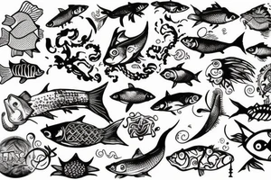 three sixes conceded to each other with small fishes around it the sign of Pisces and these numbers hide inside of it in a row 1958- 1968 - 1992- 1997- 2002 tattoo idea