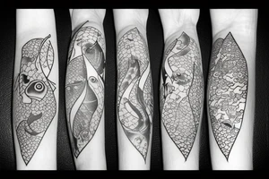 three sixes conceded to each other with small fishes around it the sign of Pisces and these numbers hide inside of it in a row 1958- 1968 - 1992- 1997- 2002 tattoo idea