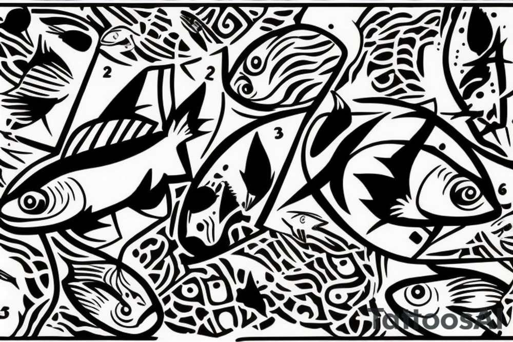 three sixes conceded to each other with small fishes around it the sign of Pisces and these numbers hide inside of it in a row 1958- 1968 - 1992- 1997- 2002 tattoo idea three sixes conceded to each other with small fishes around it the sign of Pisces and these numbers hide inside of it in a row 1958- 1968 - 1992- 1997- 2002 tattoo idea