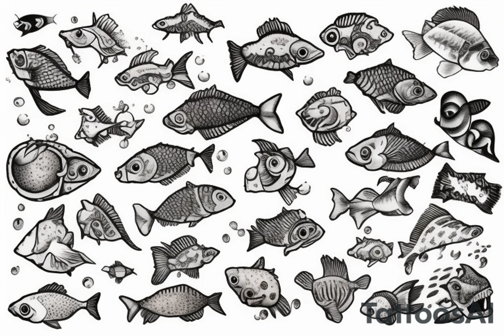 three sixes conceded to each other with small fishes around it the sign of Pisces and these numbers hide inside of it in a row 1958- 1968 - 1992- 1997- 2002 tattoo idea