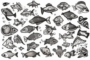three sixes conceded to each other with small fishes around it the sign of Pisces and these numbers hide inside of it in a row 1958- 1968 - 1992- 1997- 2002 tattoo idea