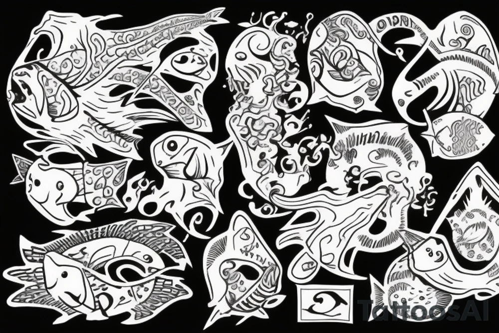 three sixes conceded to each other with small fishes around it the sign of Pisces and these numbers hide inside of it in a row 1958- 1968 - 1992- 1997- 2002 tattoo idea