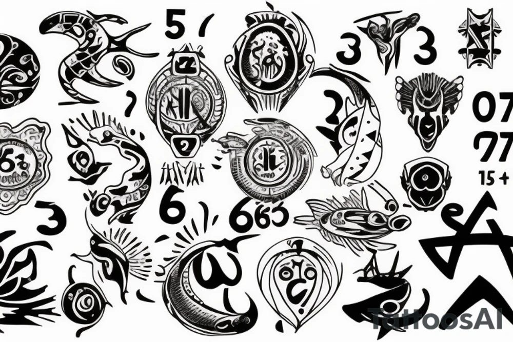 three sixes conceded to each other with around it the sign of Pisces and these numbers hide inside of it in a row 1958- 1968 - 1992- 1997- 2002 tattoo idea