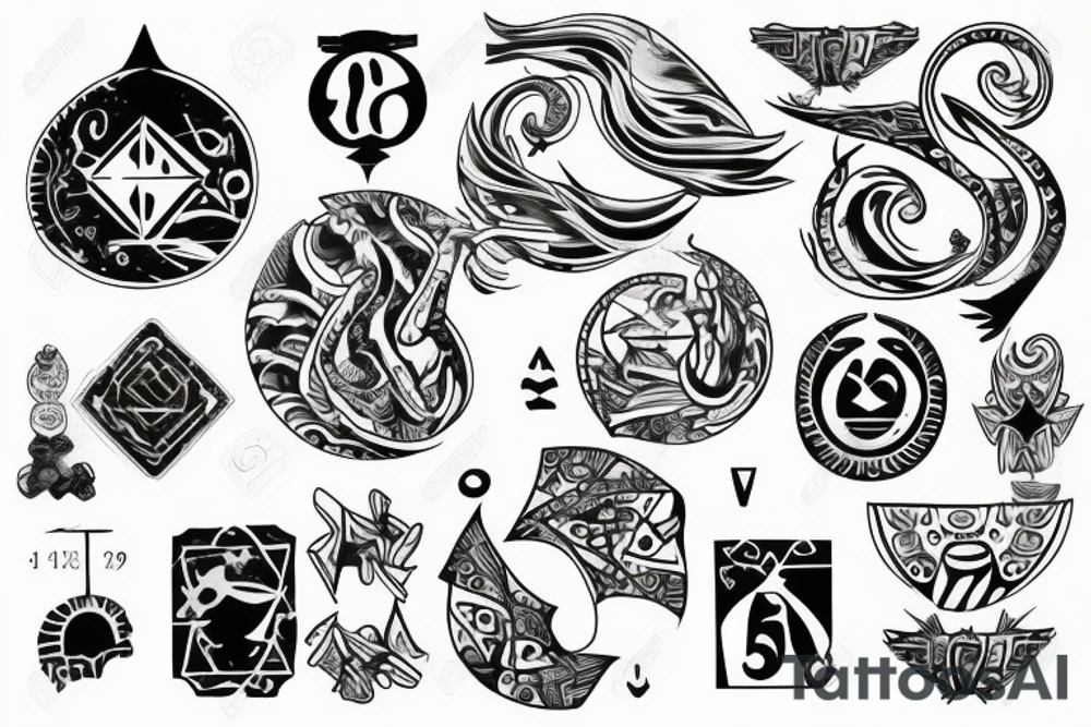 three sixes conceded to each other with around it the sign of Pisces and these numbers hide inside of it in a row 1958- 1968 - 1992- 1997- 2002 tattoo idea
