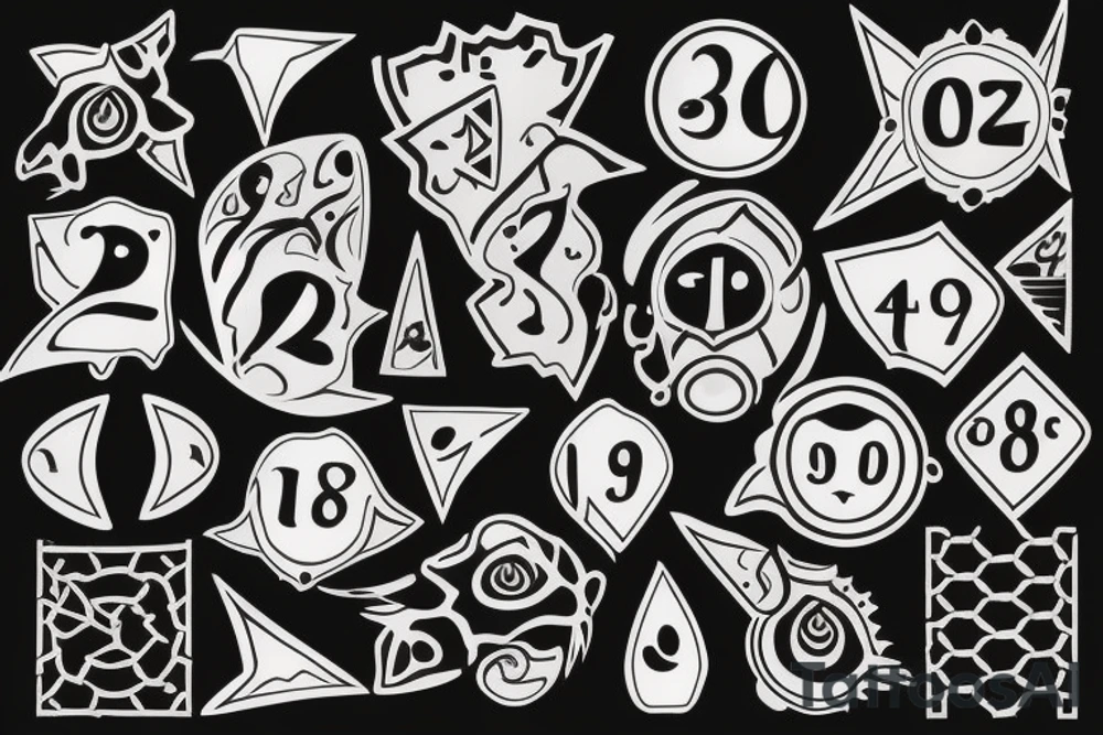 three sixes conceded to each other with around it the sign of Pisces and these numbers hide inside of it in a row 1958- 1968 - 1992- 1997- 2002 tattoo idea