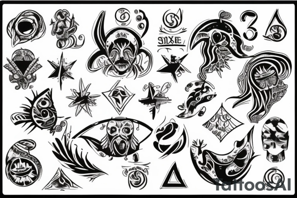 three sixes conceded to each other with around it the sign of Pisces and these numbers hide inside of it in a row 1958- 1968 - 1992- 1997- 2002 tattoo idea