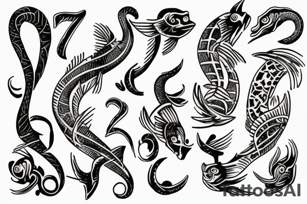 sign of Pisces and these numbers hide inside of it in a row 1958- 1968 - 1992- 1997- 2002 tattoo idea