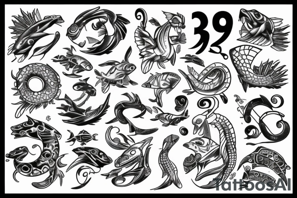 sign of Pisces and these numbers hide inside of it in a row 1958- 1968 - 1992- 1997- 2002 tattoo idea