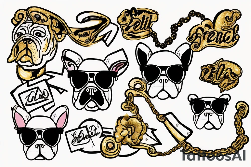 a French Bull dog with a black suit and gold chain and sunglasses tattoo idea