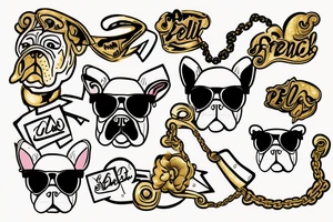 a French Bull dog with a black suit and gold chain and sunglasses tattoo idea