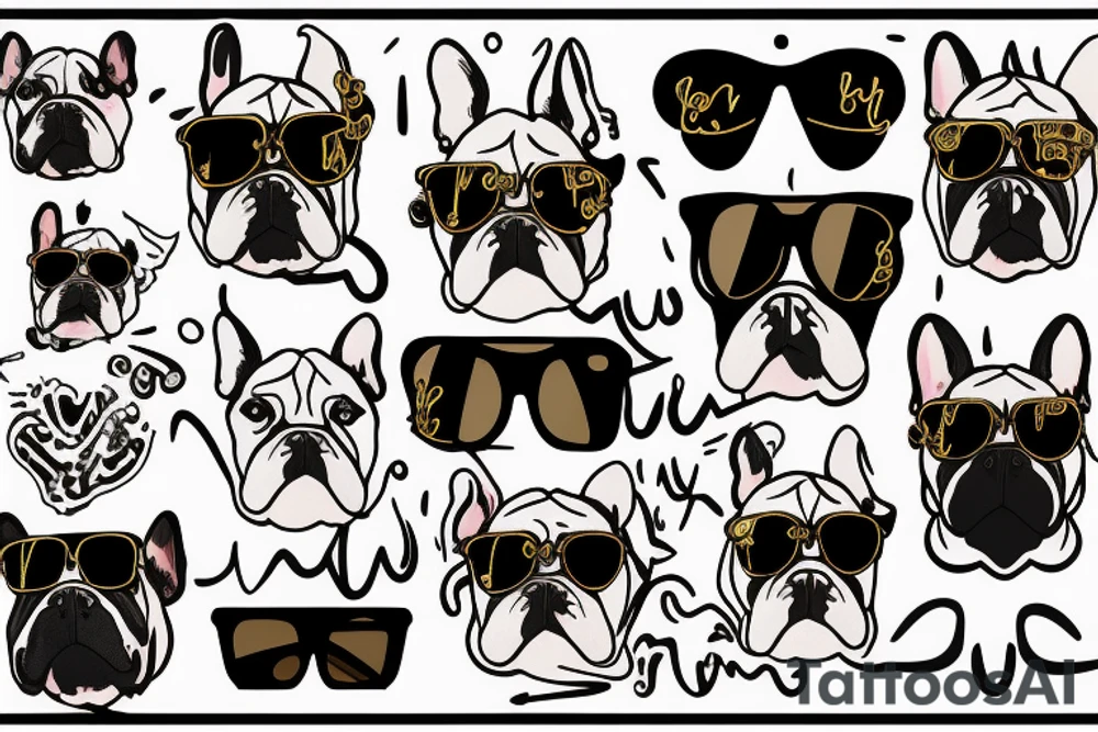 a French Bull dog with a black suit and gold chain and sunglasses tattoo idea