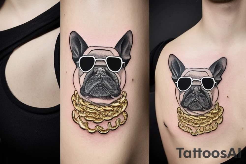 a French Bull dog with a black suit and gold chain and sunglasses tattoo idea