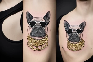 a French Bull dog with a black suit and gold chain and sunglasses tattoo idea