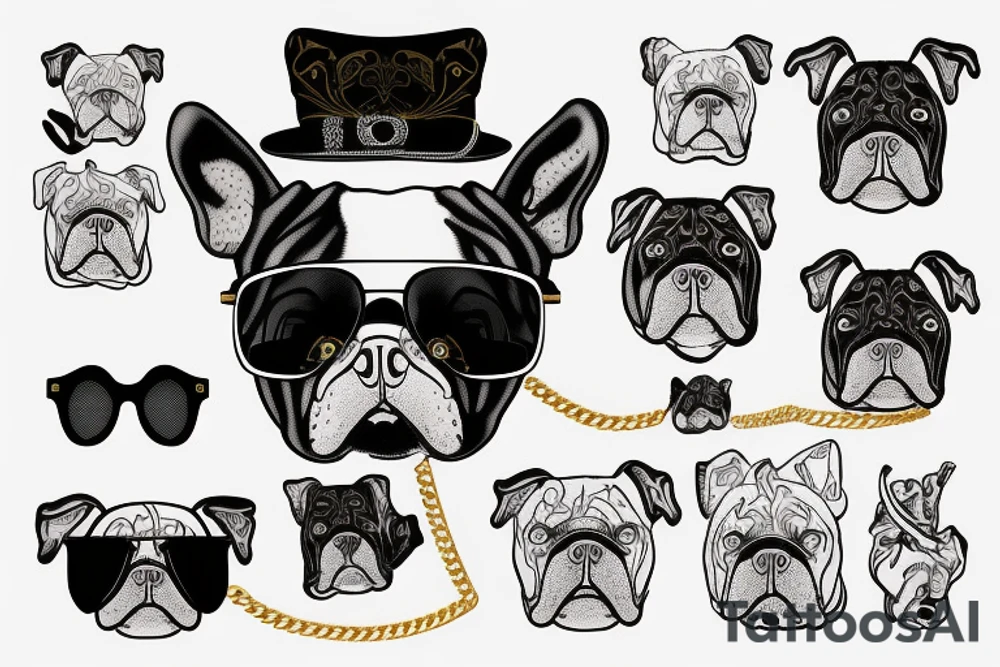 a French Bull dog with a black suit and gold chain and sunglasses tattoo idea