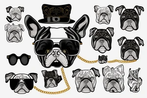 a French Bull dog with a black suit and gold chain and sunglasses tattoo idea