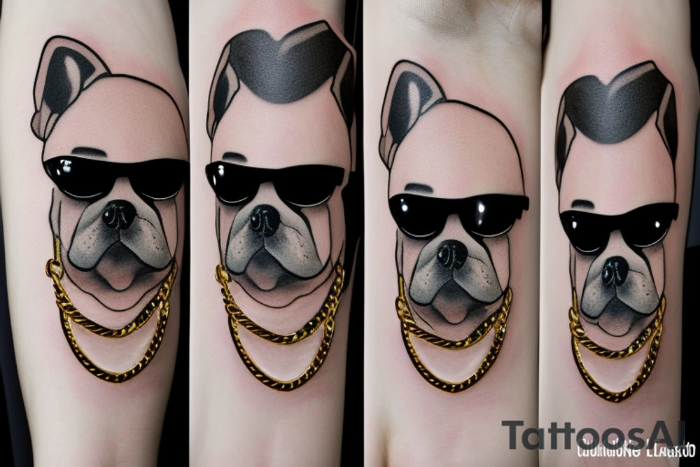 a French Bull dog with a black suit and gold chain and sunglasses tattoo idea
