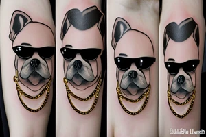 a French Bull dog with a black suit and gold chain and sunglasses tattoo idea