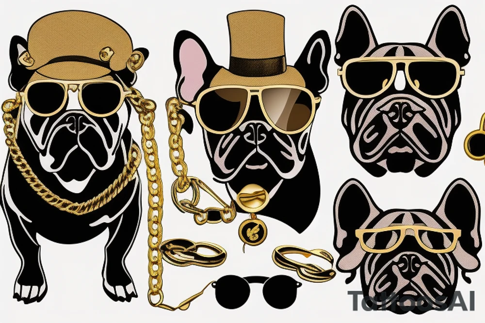 a French Bull dog with a black suit and gold chain and sunglasses tattoo idea