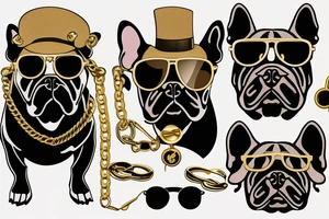 a French Bull dog with a black suit and gold chain and sunglasses tattoo idea