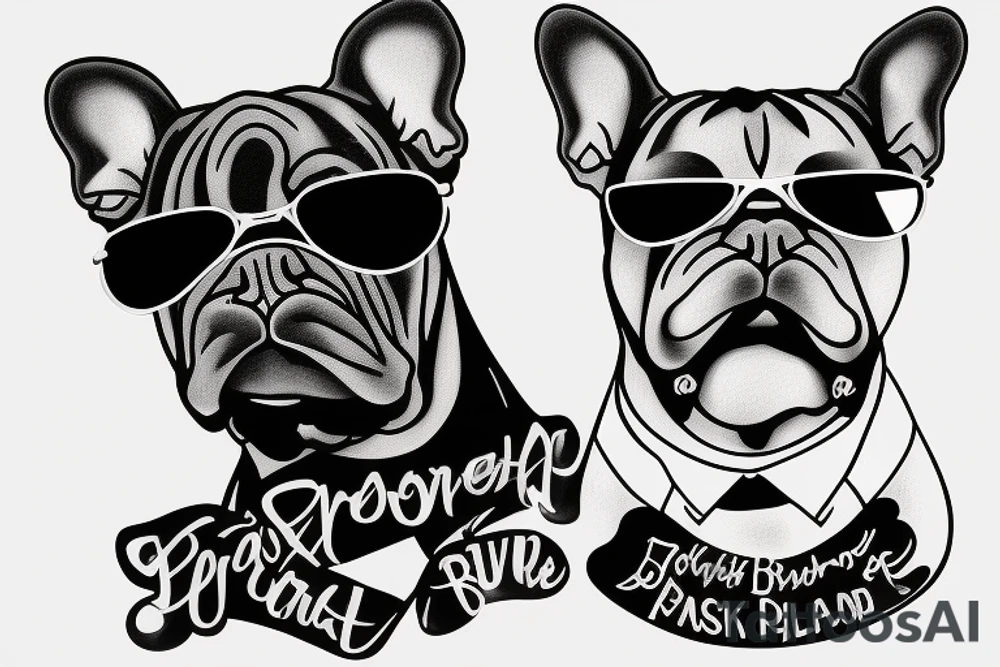 a French Bull dog with a black suit and gold chain and sunglasses tattoo idea