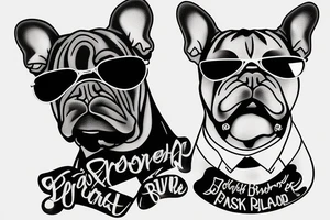 a French Bull dog with a black suit and gold chain and sunglasses tattoo idea