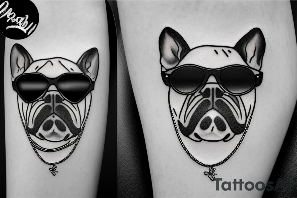 a French Bull dog with a black suit and gold chain and sunglasses tattoo idea