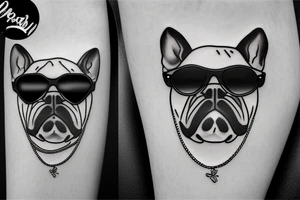 a French Bull dog with a black suit and gold chain and sunglasses tattoo idea