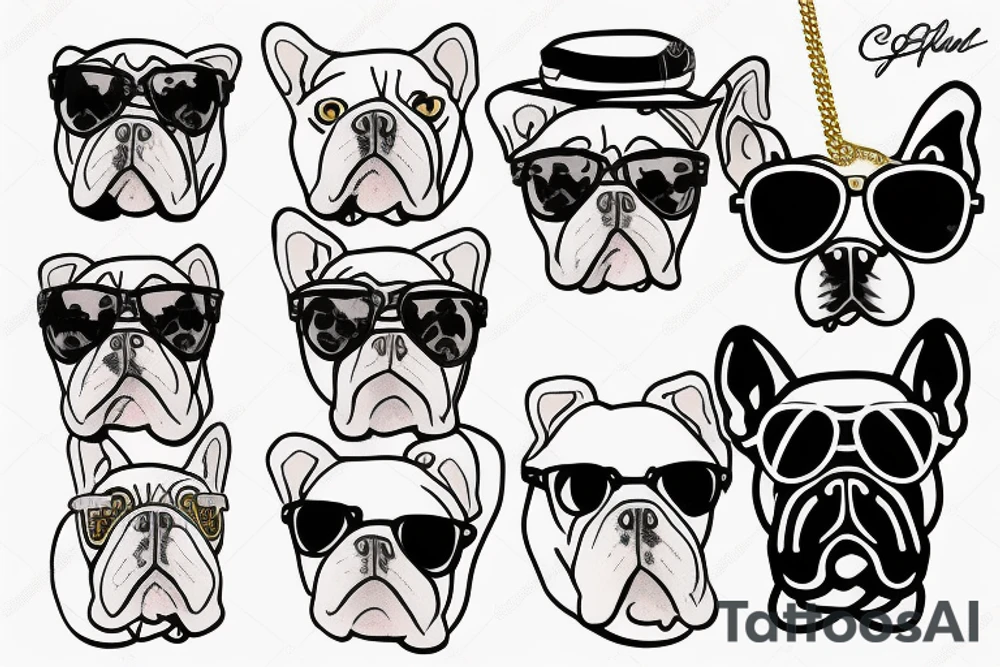 a French Bull dog with a black suit and gold chain and sunglasses tattoo idea