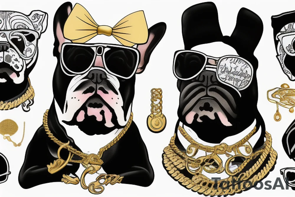 a French Bull dog with a black suit and gold chain and sunglasses tattoo idea