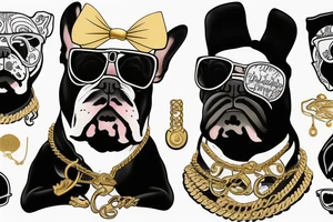 a French Bull dog with a black suit and gold chain and sunglasses tattoo idea