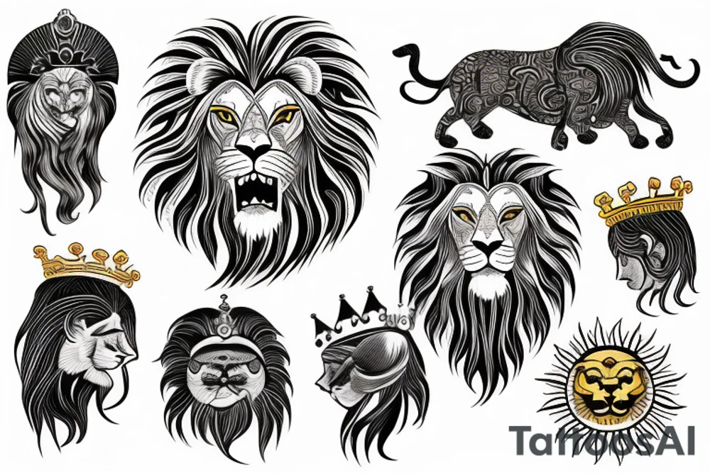 the lion head with a crown and sun behind it tattoo idea