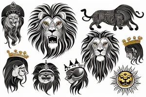the lion head with a crown and sun behind it tattoo idea