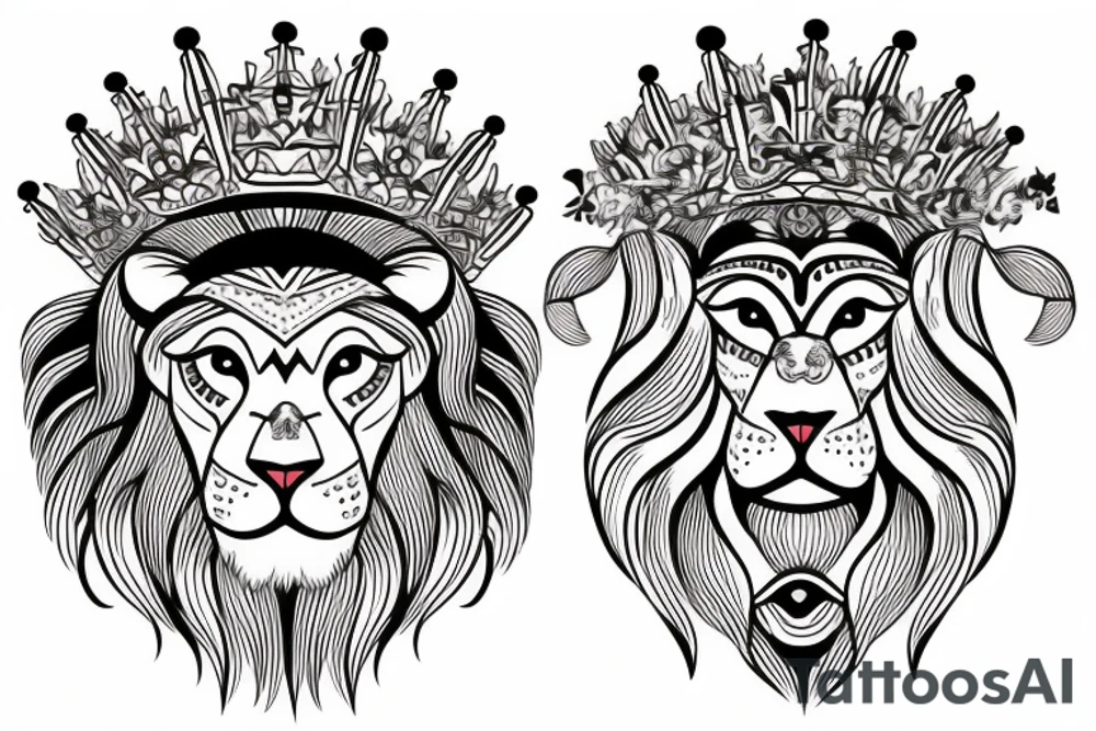 the lion head with a crown and sun behind it tattoo idea