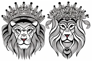 the lion head with a crown and sun behind it tattoo idea